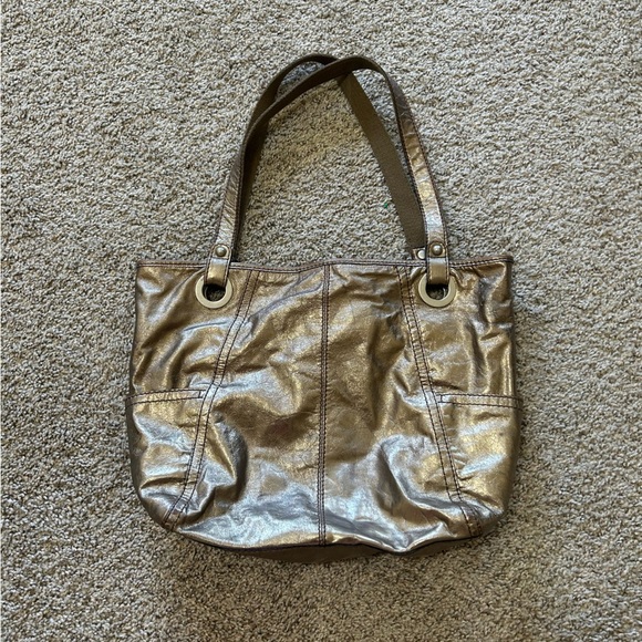 FOSSIL Leather Long Live Vintage 1954 Metallic Handbag Shoulder Gold Silver Snap - Picture 1 of 13